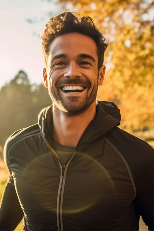 Uśmiechnięty młody mężczyzna biegnący przez park jesienią, żółte liście w tle.