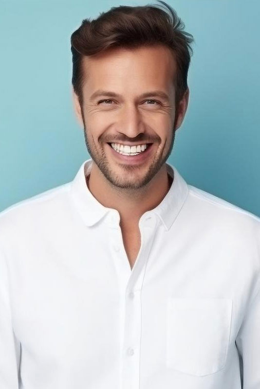 Uśmiechnięty młody mężczyzna w białej koszuli stojący na tle niebieskiej ściany